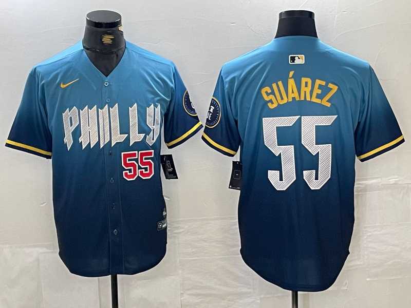 Men%27s Philadelphia Phillies #55 Ranger Suarez Blue 2024 City Player Number Cool Base Jerseys
